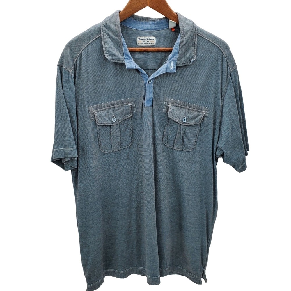 Tommy Bahama Mens XL Blue Pima Cotton Polo Shirt Two Pocket Island Modern Fit